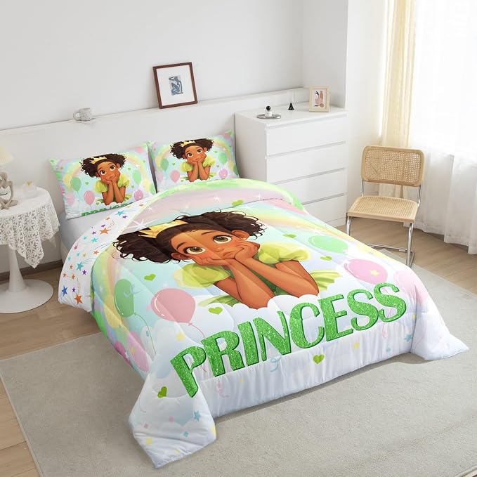 Manfei Black Princess Comforter Set Twin Size 2 Pcs,Green Love Hearts Rainbow Balloon Kawaii Bedding Set,Dreamy Girl Fairy Tale Theme Frog Golden Crown Quilt Set for Kids Girls Room,1 Pillowcase - Image 4