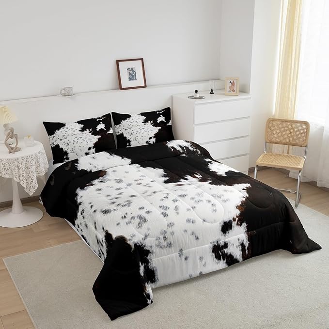 Cow Fur Comforter Set King Size,White Black Brown Cowhide Bedding Set 3pcs for Kids Boys Girls Teens Bedroom Decor,Animal Skin Print Quilt Set Rustic Farmhouse Cow Print Duvet Set,2 Pillowcases - Image 5