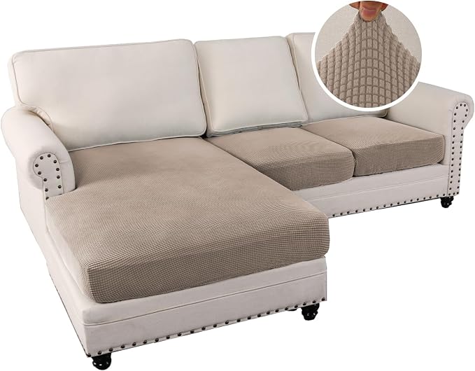 H.VERSAILTEX Sectional Couch Covers 3 Pieces Sofa Seat Cushion Covers L Shape Separate Cushion Couch Chaise Cover for Both Left/Right Sectional Couch (Seat Only: 1 Chaise + 2 Sofa, Sand) - Image 2