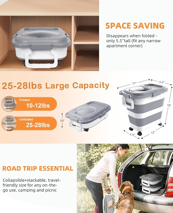 HOYTAMDAR 25-28lbs Dog Food Storage Container, Collapsible Dog Food Container, Wheels, Handle, Airtight Pet Food Storage Container, Scoop, Small Dry Container For Dog Cat Bird Food - Image 7