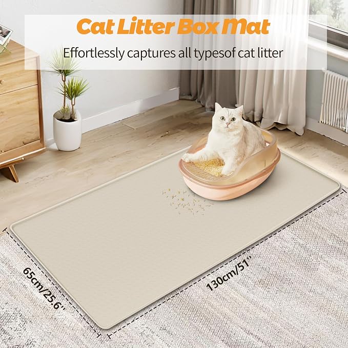 Cat Litter Mat for Litter Box 51"x25.6" Extra Large Silicone Mat, Beige | Waterproof Non-Slip Litter Box Mat with Raised Edges, Cat Litter Trapping Mat for Pet, Cat Litter Rug for Floor - Image 2