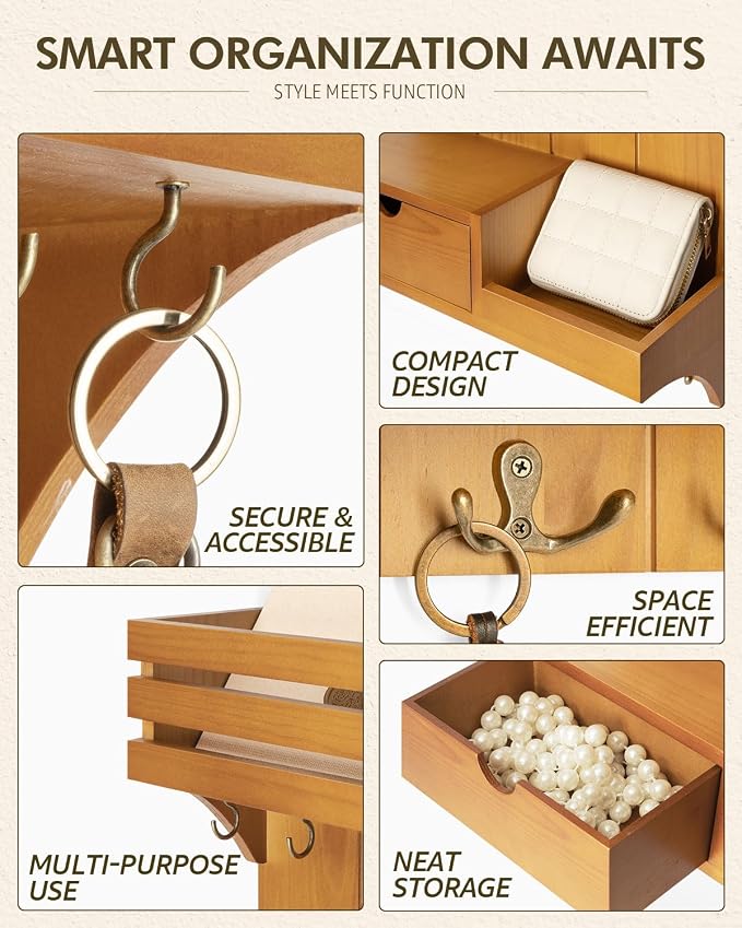 Rebee Vision Key Holder Wall Mount with Drawer for Room Decor, Light Brown | Pine Wood, Key Holder for Wall, 9 Key Hooks, Drawer Organizer, Floating Wall Shelf, Mail Sorter, Room Decor Aesthetic - Image 5