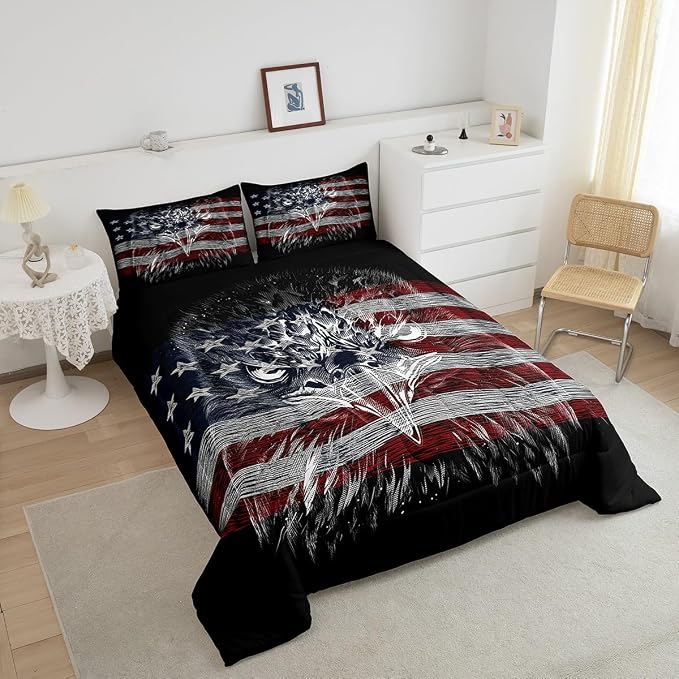 Homewish American Flag Comforter Set King Size, Eagle Bird Animal Print Stars Stripes USA Flag Bedding Comforters for Children Adult, American Culture Breathable Bedding Set, 2 Pillowcases, Bedspread - Image 6
