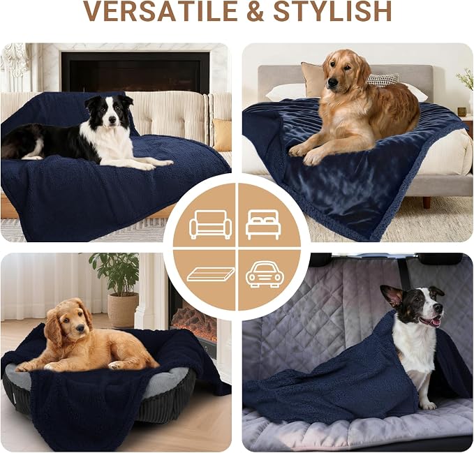 Waterproof Dog Blanket for Large Dogs - Reversible Washable Pet Blanket, Soft Sherpa Fleece Furniture Protector, Cat Throw Bed Couch, Navy, 60"x80" - Image 7