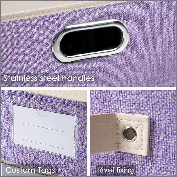 PRANDOM Large Fodable Storage Bins for Closet [3-pack] Decorative Fabric Storage Baskets Cubes with Leather/Metal Handles for Shelves Bedroom Living Room Purple&Cream (14.9x9.8x8.3 Inch) - Image 3