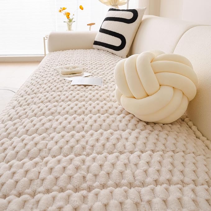 Faux Fur Couch Cover for Dogs Washable, Soft Cozy Non Slip Sectional Sofa Cover, Pet Couch Covers for 3 Cushion Sofa L Shaped, Furniture Protector for Pets Kids(Ivory,28"x82") - Image 6