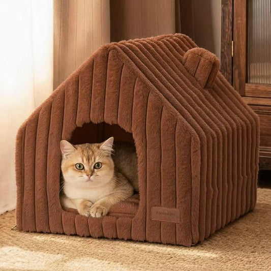 FUKUMARU Cat Bed Cave, Enclosed Washable Covered Dog Bed with Support Frame | Large Cat House for Indoor Cats, Cozy Cat Hideaway for Anxious Cats, Soft Plush Faux Fur Cat Tent Bed, Non-Slip Bottom, Brown by FUKUMARU
