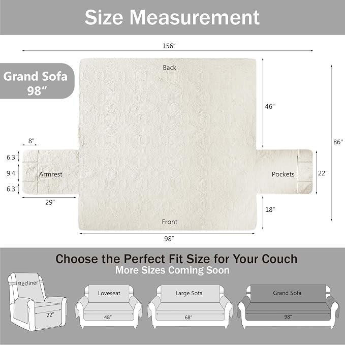 Quilted Grand Sofa Covers for 4 Cushion Couch, Couch Cover for Grand Sofa Washable, Soft Cozy Couch Protector, Oversized Grand Sofa Slipcovers Water-Repellent (Grand Sofa 98", Ivory White) - Image 7