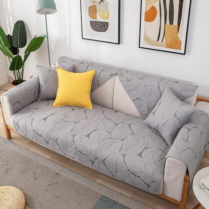 Solid Color Leaf Cotton Quilted Sofa Covers Anti-Slip Soft Sectional Couch Cover Washable Sofa Slipcover for Dogs Cats Pet (Grey,36''x47'') - Image 3