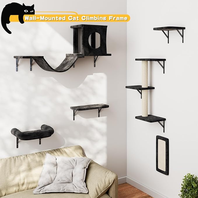 NUNU LAB Wall Mounted Cat Furniture Set - 6 Pcs Climber Set with House, Bridge, Steps, Scratcher Board - DIY Walls Playground, Indoor Cat Shelves - Black - Image 2