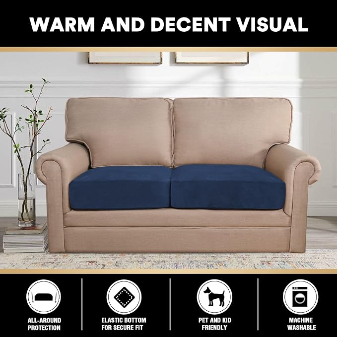 PrinceDeco Velvet Couch Cushion Cover Soft Stretch Cushion Slipcover for Chair Loveseat Sofa Cushion Furniture Protector Seat Cushion Sofa Cover Each Width Up to 40", Navy - Image 3