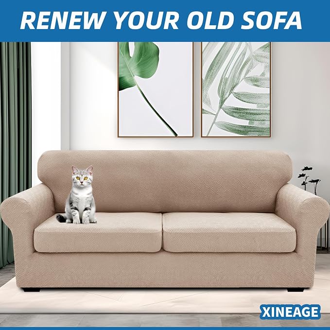 XINEAGE 2026 New 3 Pieces Couch Covers for 2 Extra Large Cushion Sofa Super Stretch Sofa Cover for 2 Large Seat Cushion Universal Loveseat Slip Cover for Living Room (Khaki), 71"-91"(2 Cushions) - Image 4