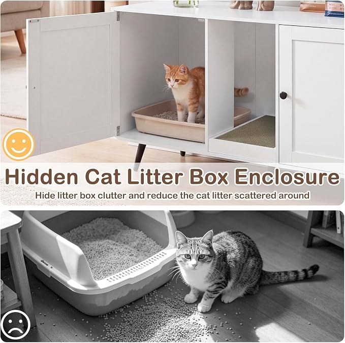 Tangkula Double Cat Litter Box Enclosure, Large Hidden Wooden Cat Cabinet for 2 Cats with Scratching Pad, Double Rooms, Versatile TV Stand Side Table for Indoor Living Room (White) - Image 5