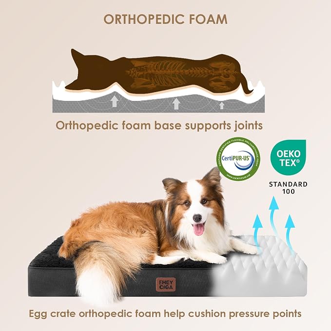 EHEYCIGA Orthopedic Dog Bed Large with Removable Washable Cover, 50IN Black | Egg Crate Foam Support, Durable Oxford fabric, Non-Slip Bottom, Machine Washable, Soft Waterproof Plush Pet Bed Mat For Crate - Image 3