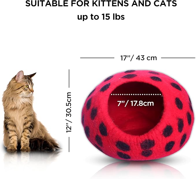 Woolygon Premium Felt Cat Cave Bed – Wool Kitty Beds Handcrafted Kitten Caves Bed for Indoor Cats - Made from Merino Wool, Foldable Cat Hideaway Covered Cat House Pod (Red Polka) - Image 2
