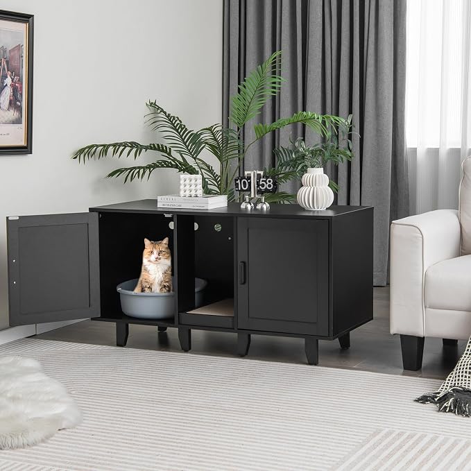 Tangkula Patented Double Cat Litter Box Enclosure for 2 Cats, Large Hidden Privacy Cat Washroom Cabinet with Scratching Board, Indoor Cat House TV Stand Side Table, Litter Box Furniture (Black) - Image 2