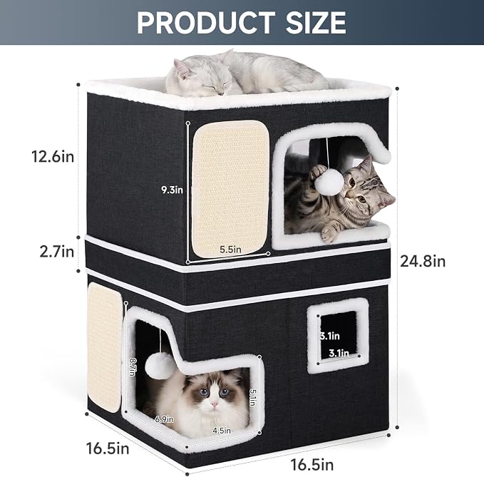 Double Cat Beds for Indoor Cats, 2-Storey Cat House with Large Cozy Hideaways, Dual Purpose Cat Cave Cube with Scratch Pads, Fluffy Balls, Foldable Indoor Cat Houses for Multi Small Pets Kitten, Black - Image 2