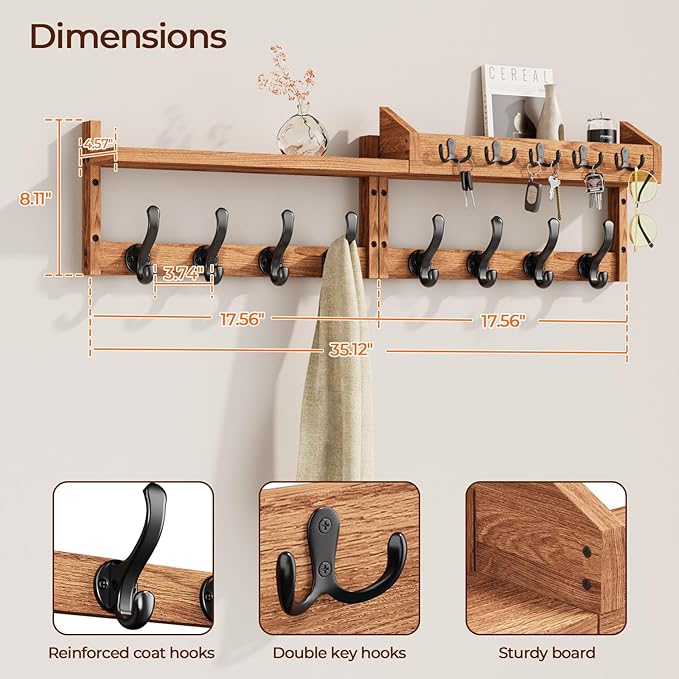 Evermagin 35" Coat Rack Wall Mount with Shelf & 13 Hooks, Entryway, Brown | 4-in-1: coat hooks, key hanger, mail holder & display shelf. Pine wood. For bedroom, hallway, mudroom, livingroom - Image 2