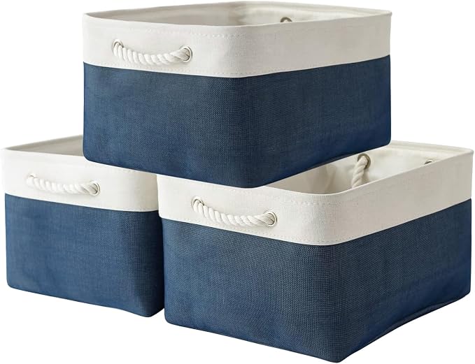 TheWarmHome Collapsible Storage Bin for Shelves - Large 3 Pack 16x12x8 inch Storage Basket for Organizing with Handles, Canves Storage Box for Organizer Toy Closet Cloth Gift (White & Jean Blue) by TheWarmHome