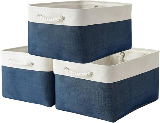 TheWarmHome Collapsible Storage Bin for Shelves - Large 3 Pack 16x12x8 inch Storage Basket for Organizing with Handles, Canves Storage Box for Organizer Toy Closet Cloth Gift (White & Jean Blue) by TheWarmHome