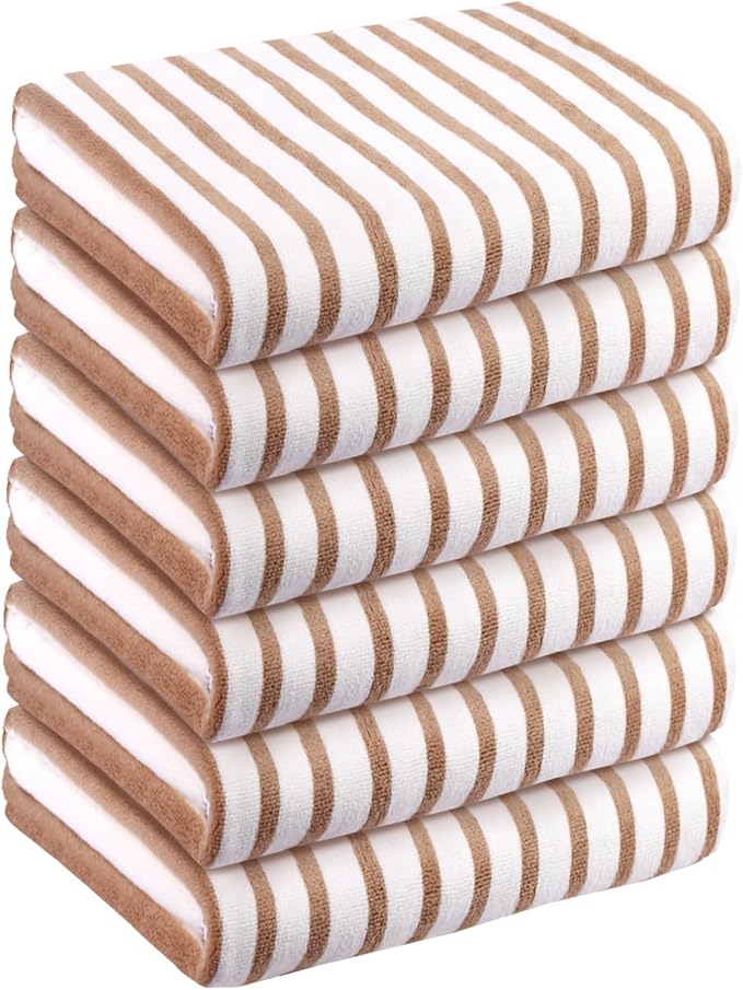 JML Microfiber Beach Towels, 6 Pack, 30" x 60", Cabana Stripe Coffee | Hanging Loop, Absorbent, Quick Dry, For Adults, Travel, Summer Party, Sport, Swimming, Pool, Yoga, Camping by JML