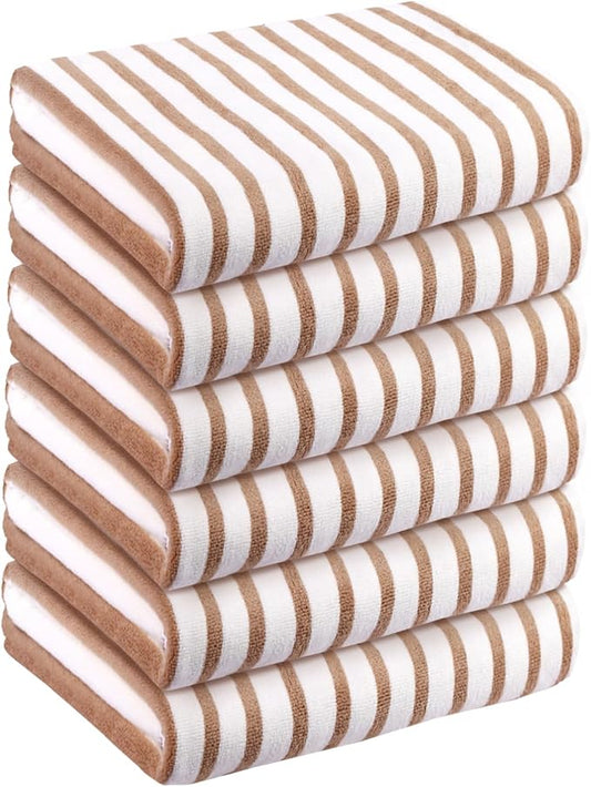 JML Microfiber Beach Towels, 6 Pack, 30" x 60", Cabana Stripe Coffee | Hanging Loop, Absorbent, Quick Dry, For Adults, Travel, Summer Party, Sport, Swimming, Pool, Yoga, Camping by JML