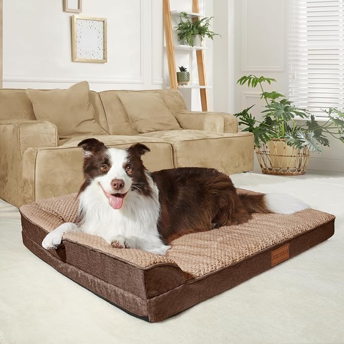 Orthopedic XL Dog Bed Large Sized Dog 42''X28'', Waterproof L Bolster Egg Crate Foam Big Pet Crate Beds with Washable Removable Cover, Non-Slip Soft Pet Couch Sleep Mat, Brown - Image 2