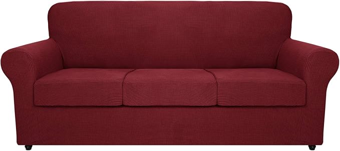 MAXIJIN 4 Piece Couch Covers for 3 Cushion Couch Super Stretch Sofa Cover for Dogs Pet Proof Fitted Furniture Protector Spandex Jacquard Non Slip Magic Couch Slipcover Washable (Extra Large, Wine Red) by MAXIJIN
