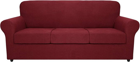 MAXIJIN 4 Piece Couch Covers for 3 Cushion Couch Super Stretch Sofa Cover for Dogs Pet Proof Fitted Furniture Protector Spandex Jacquard Non Slip Magic Couch Slipcover Washable (Extra Large, Wine Red) by MAXIJIN