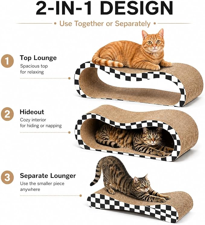 2 in 1 Large Cardboard Cat Scratcher Lounger, Cat Scratching Board for Indoor Cats, 100% Recyclable & Reversible Horizontal Scratching Pads Prevents Furniture Damage, Checkerboard - Image 3