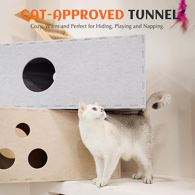 PETKARAY Cat Tunnel, Original Cat Hideaway Cave for Indoor Cats, Large Kitten Play Tubes and Tunnels, Soft Felt Cat Toy with Interactive Peek Hole, Beige Straight - Image 6