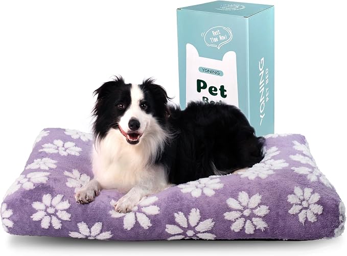 Cute Fluffy Dog Beds for Large Dogs, 35"x 22", Purple Flower | Thick Dog Bed for Crate Kennel, Pet Bed with Removable Washable Cover, Anti-Slip Bottom by Yaning