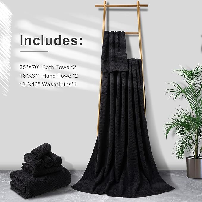 8-Piece Bath Towel Set, 2 Extra Large Bath Towel Sheets, 2 Hand Towels and 4 Washcloths - Highly Absorbent Quick Dry Microfiber,Ultra Soft Towel Set for Bathroom,Waffle Weave Design, Pack of 8 (Black) - Image 6