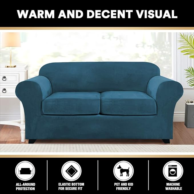 PrinceDeco Velvet Couch Cover Loveseat Covers for 2 Cushion Couch 3 Piece Sofa Covers for Dogs Washable Loveseat Covers Width Up to 72 Inch No Slip Stretch Sofa Slipcover(Medium,Deep Teal) - Image 6