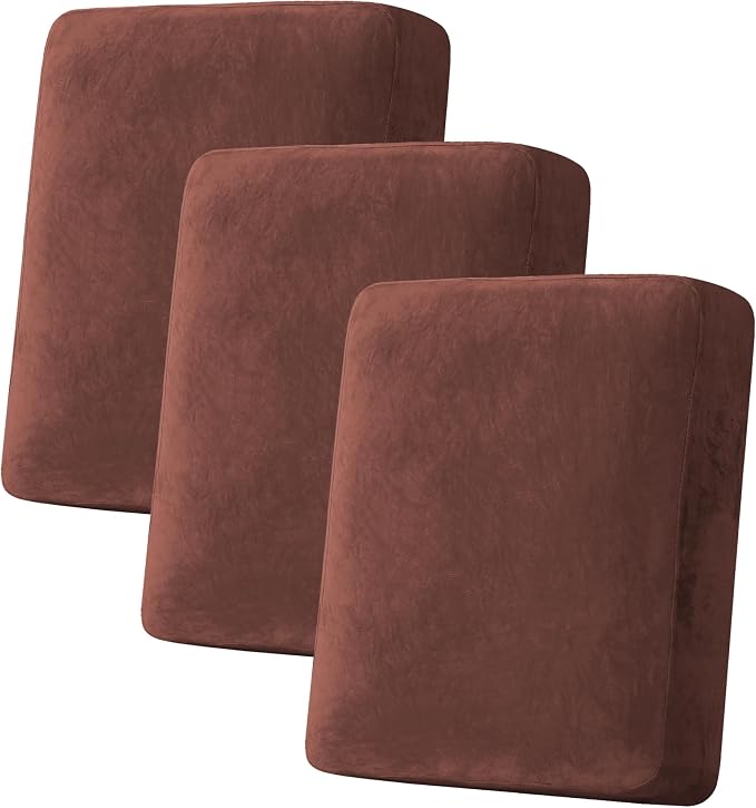 H.VERSAILTEX Velvet Stretch Couch Cushion Cover Plush Cushion Slipcover for Chair Loveseat Sofa Cushion Furniture Protector Seat Cushion Sofa Cover (3 Piece Sofa Cushion Covers, Burnt Brick) by HVERSAILTEX