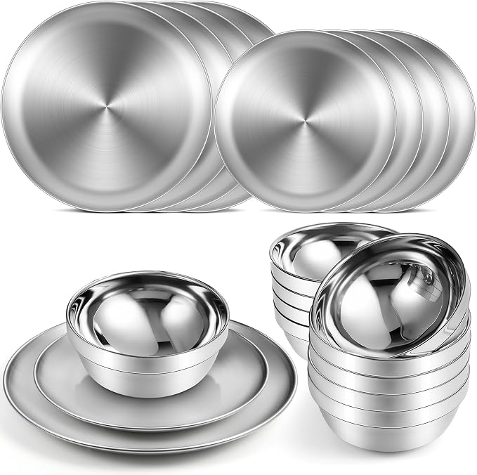 Sunnyray 10 Sets Stainless Steel Plates and Bowls 6.7, 10.2 Inch Metal Camping Plates Reusable 13oz Steel Snack Bowls Feeding Serving Dinner Dishes Double Walled Insulated for Men Women Kids by Sunnyray