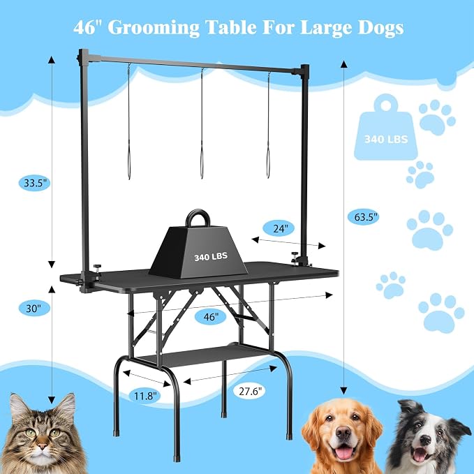 46-Inch Dog Grooming Table for Large Dogs, Foldable Pet Grooming Table with Adjustable Arm, Noose & Mesh Tray, Non-Slip Waterproof Surface, Supports Up to 340 lbs - Image 2