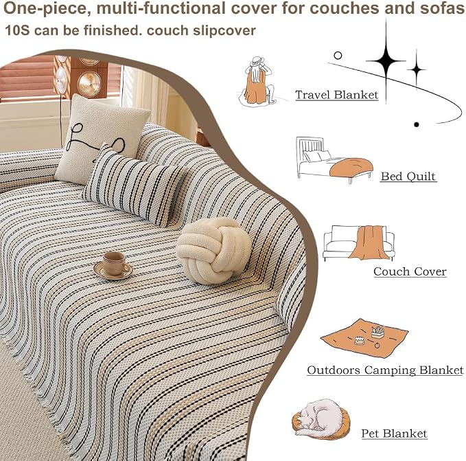 ROOMLIFE Thicked Striped Boho Khaki Couch Cover for 2-3 Cushion Sofa, Chenille Sofa Slipcovers Sectional Sofas Covers for Dog, Non Slip Washable Furniture Protector Soft with Tassel 71''X134'' - Image 5