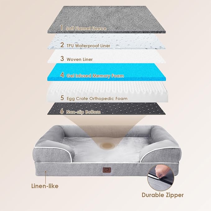EHEYCIGA Orthopedic XXL Dog Bed, Waterproof Washable XL Big Pet Bed 52" | Non-Slip Bottom and Egg-Crate Memory Foam Extra Large Pet Couch Bed with Washable Removable Cover, Grey - Image 5