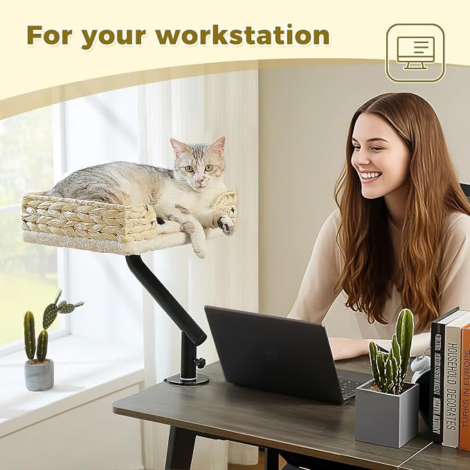 PAWZ Road Cat Desk Bed for Indoor Cats, Wicker Cat Bed for Desk Supports Up to 50 lbs, 360° Rotation & Adjustable Soft Plush Cats Hammock for Desktop, White - Image 8