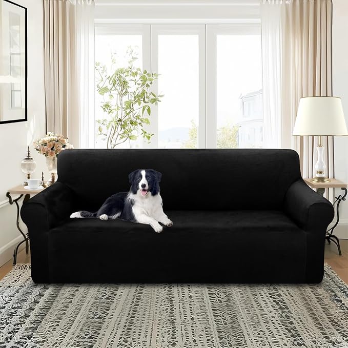 U-NICE HOME Velvet Sofa Covers Stretch Couch Covers for 3 Cushion Couch Furniture Protector Sofa Slipcover (XL Large, Black) - Image 2