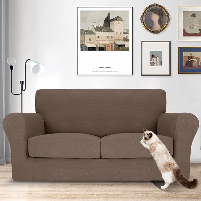 MAXIJIN 3 Piece Couch Covers for 2 Cushion Couch loveseat Cover, Stretch Love Seat Sofa Slipcovers for Dogs Pet, Thick Furniture Protector with 2 Seat Cushion (55"-69", Brown) - Image 2