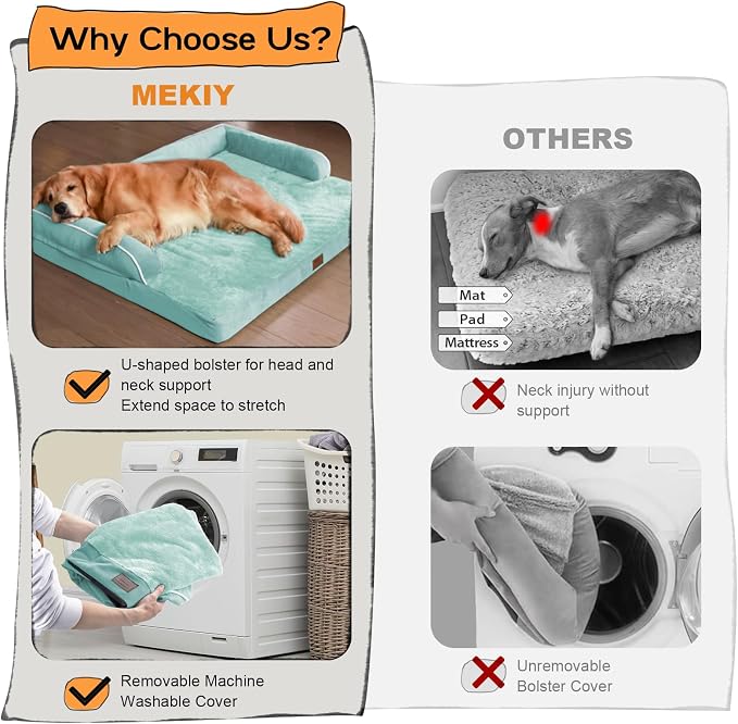 MEKIY Orthopedic Waterproof Jumbo Dog Bed with Bolster for Extra Large Dogs | Pillow Support for Neck Relief, Egg Crate Foam, Waterproof Liner, Anti-Slip Bottom, Removable Bolster Cover, 53 x 42 Inch - Image 3