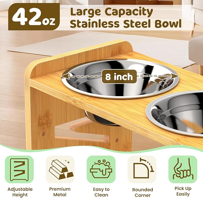 Elevated Dog Bowls, Adjustable Raised Dog Bowl Stand for Medium and Small Dog, 11" High Bamboo Pet Food Feeder with 2 Stainless Steel Dishes（4 Heights） - Image 5