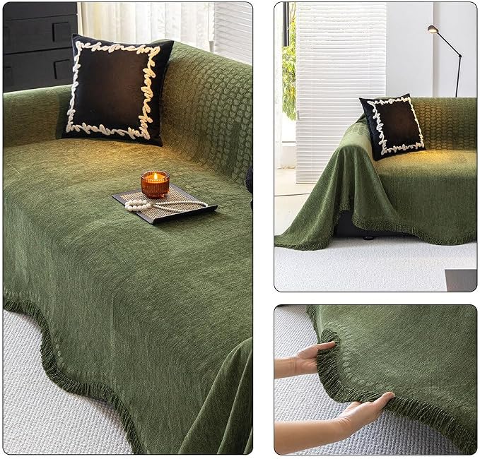ROOMLIFE Green Couch Cover Sofa Covers, Chenille Couches Covers for 3 Cushion Sofas, Non Slip Soft Breathable Sofa Slipcovers for Pet, Washable Furniture Protector with Tassel,71''X134” - Image 4