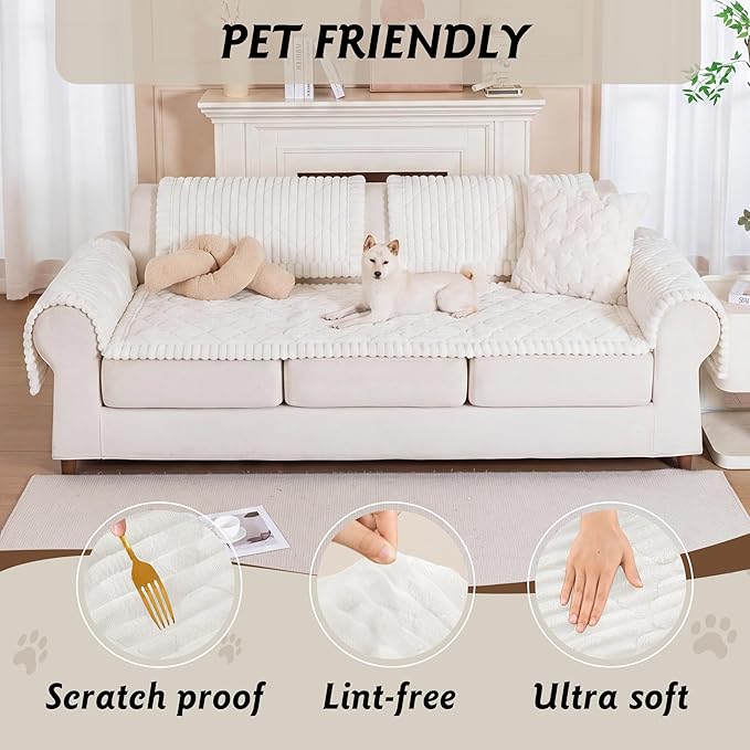PuTian 100% Waterproof Fuzzy Couch Cover for Dogs White 27.6"x59" | Pet Friendly Dog Mat for Couch, Waterproof Sofa Protector, Scratch Resistant Furniture Cover for Dogs, Machine Washable - Image 2