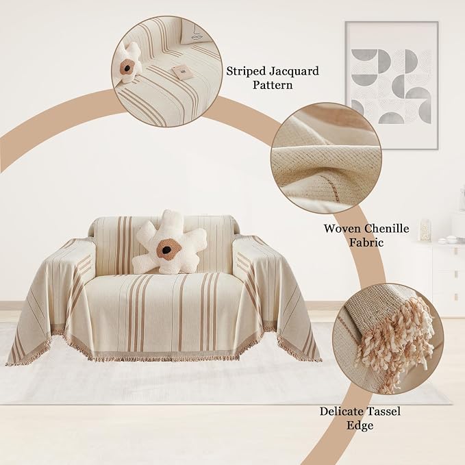 DREAMINGO Armchair Cover Washable Chenille Sofa Protector for Pet Kids Beige Coffee Chair Couch Covers for 1 Cushion Couch Stripe Jacquard Versatile Sofa Throw Slipcover for Futon Couch, 71"x91" - Image 4