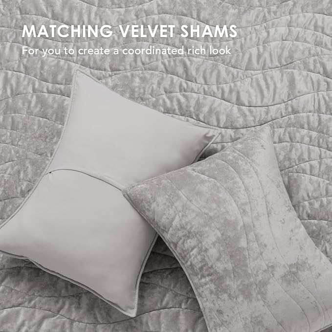 EverGrace Luxury Wave Crushed Velvet Quilt Set, Queen Size, Silver Gray | Luxurious Soft, Lightweight Velvet Comforter, Cozy Plush Oversized Bedspread Coverlet for All Season, with 2 Shams - Image 6