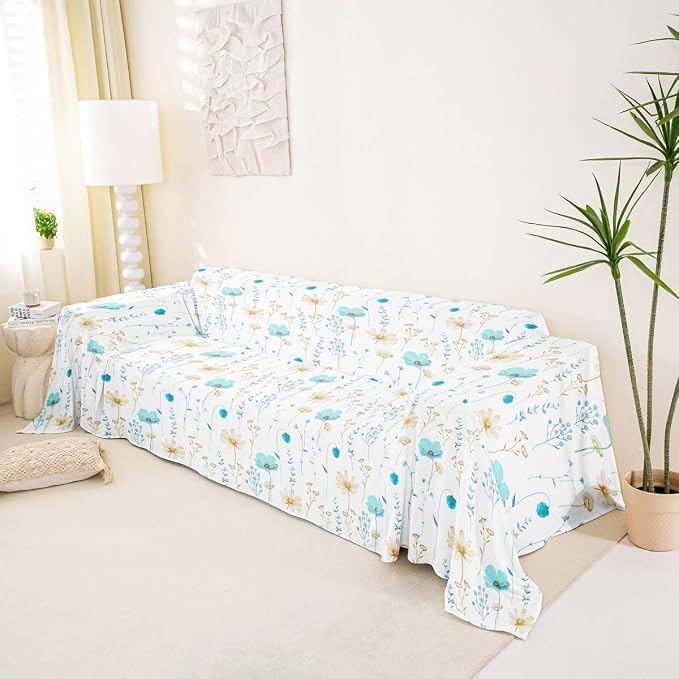 Watercolor Floral Couch Covers Light Blue Beige Flower Sofa Cover 71" X 91" Modern Minimalist Couch Protector Rustic Farmhouse Washable Non Slip Sofa Slipcover For Living Room Furniture Protector - Image 2