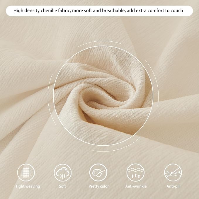 DREAMINGO Sofa Covers Washable Thick Chenille Couch Cover for 3 Cushion Couch Sofa Multi-Use Couch Cover Blanket Modern Pet Furniture Protector Sectional Couch Slipcover 71"x134", Beige White - Image 4